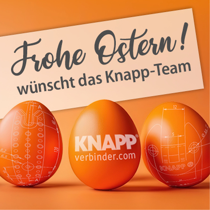 Grafik mit Ostergruß ‚Frohe Ostern‘ und KNAPP-Branding in Orange